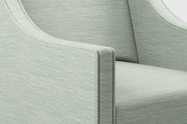 Upholstered classic chair in FR fabric Obay in lichen colour with herringbone pattern