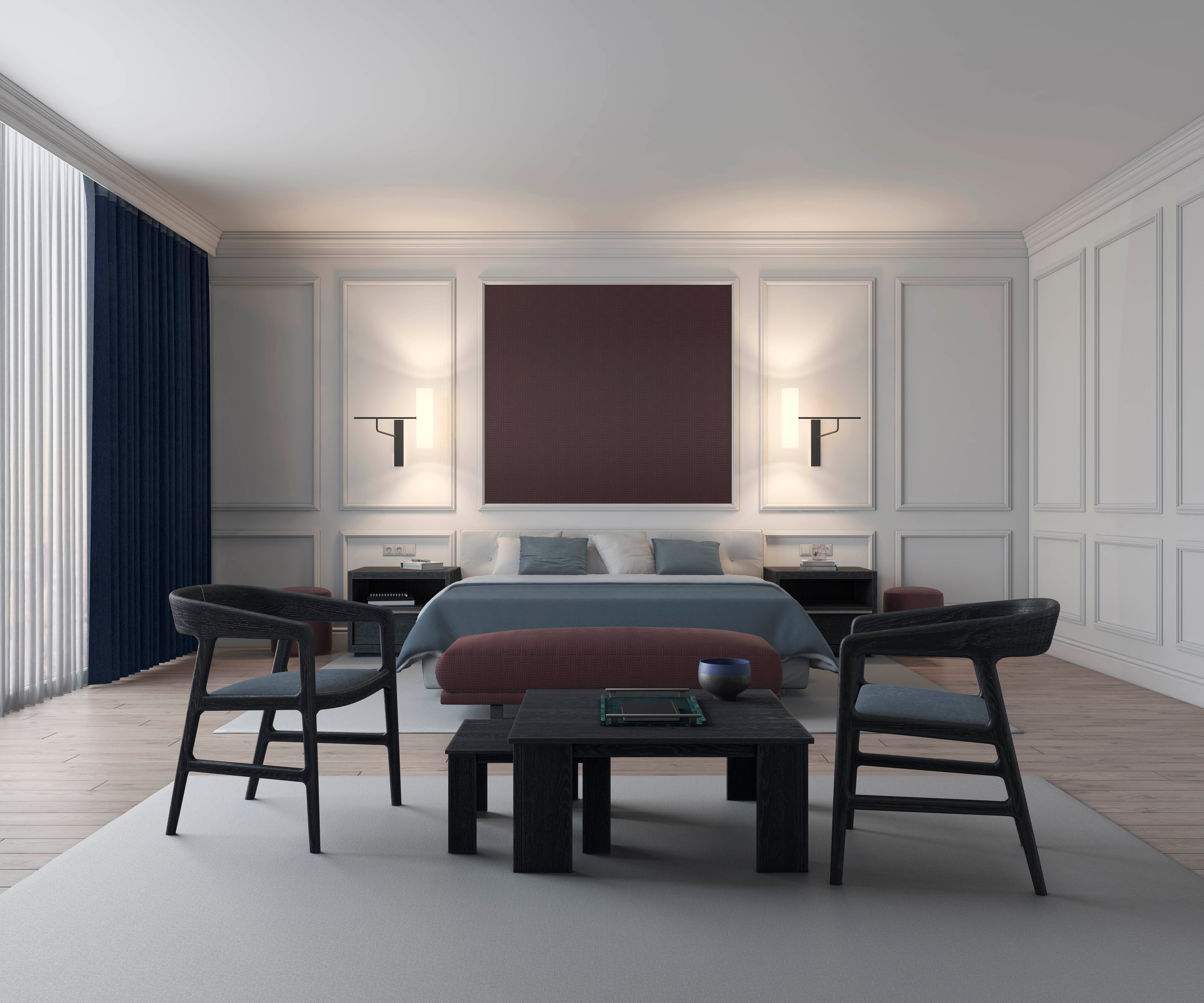 inherently fire retardant fabrics upholstery in a 3D rendered hotel room scene