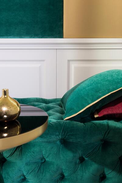 emerald green velvet fr fabric on a sofa_moon collection