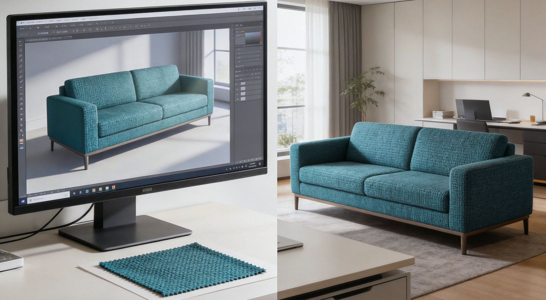 A room featuring a comfortable sofa with an exact replica of this sofa on a computer monitor on a desk